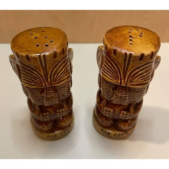 Vintage Bob Lees Islander Tiki Salt & Pepper Shaker Set Ceramic Brown Polynesian - Picture 2 of 11